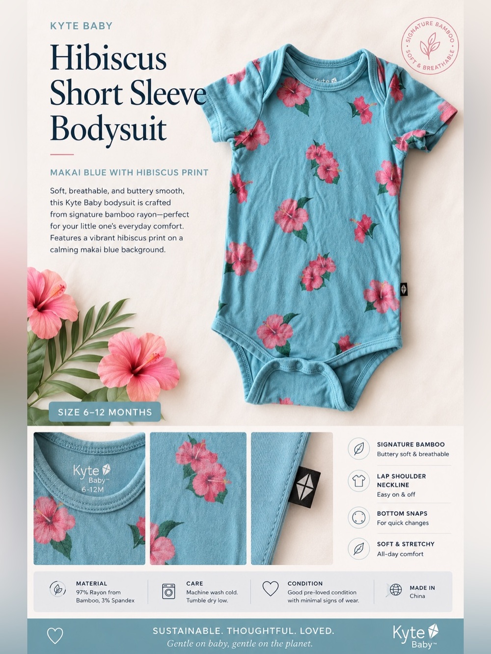Kyte Baby Hibiscus Makai Blue Bamboo Bodysuit Onesie 6–12M